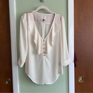 HD in Paris Women's 2 Cream Crepe Poet’s Ruffle Blouse Pink Gold Brocade VG